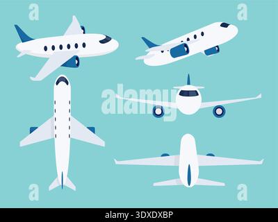 Clipart dell'aereo impostato. Clip art di design dei cartoni animati piatti degli aerei da diverse viste, dall'alto, laterale, angolare, inferiore e anteriore per il volo, l'atterraggio e il decollo Illustrazione Vettoriale