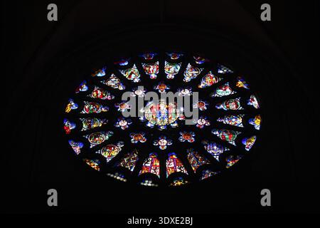 Vetrate colorate all'interno della Cattedrale di Santa Maria di Burgos luglio 2024, ricche sfumature gotiche che gettano ombre sulle pareti di pietra Foto Stock