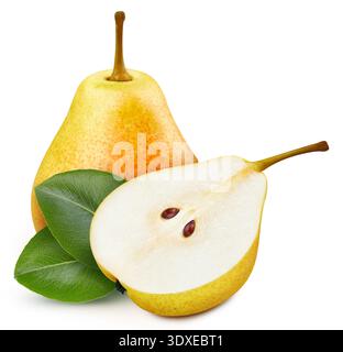 Pera gialla. Pera biologica fresca con foglie isolate su fondo bianco. Pera gialla con percorso di ritaglio Foto Stock