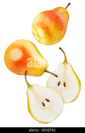 Volare in aria con la pera gialla. Pera biologica fresca isolata su fondo bianco. Pera gialla con percorso di ritaglio Foto Stock