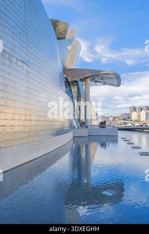 Guggenheim Museum Bilbao, Vista dettagliata dei pannelli curvi in titanio e dello stagno riflettente, Spagna Foto Stock