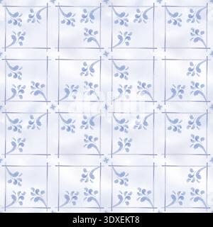 Motivo senza cuciture di Malta.cuciture di piastrelle in ceramica di colore blu, piastrelle in ceramica imitazione.gradino griglia per lo sfondo.quadrato ad acquerello con cuciture disegnate a mano Foto Stock