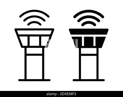 Questa illustrazione presenta due torri di controllo aeroportuali con onde di segnale, che presentano design moderni in uno stile minimalista. Perfetto per l'aviazione Illustrazione Vettoriale