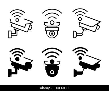 Questa collezione presenta diverse icone delle telecamere di sicurezza, che illustrano le moderne tecnologie di sorveglianza con segnali wireless, perfette per le applicazioni tecnologiche Illustrazione Vettoriale