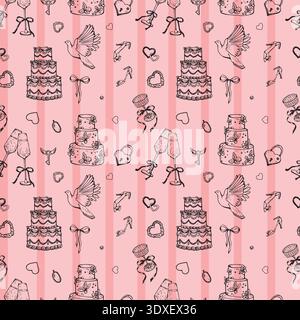 Matrimonio stravagante e fantasia romantica con torta coquet, champagne e cuori Illustrazione Vettoriale