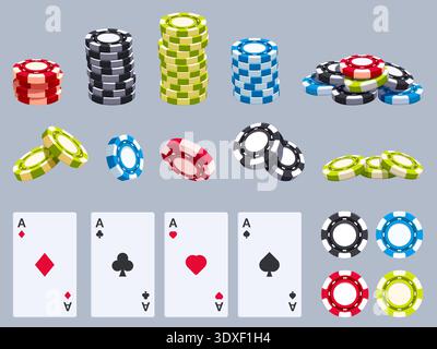 Carte e chip per il gioco dei cartoni animati. Giocare a chip cadendo, mucchiando, stando in piedi da varie angolazioni. Carta da giocare. Attrezzature per il gioco d'azzardo, slot machine, casinò, sapid Illustrazione Vettoriale