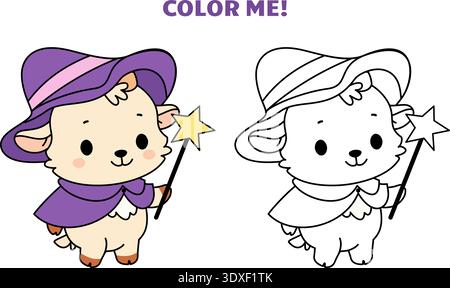 Divertente modello da colorare per pecore o capre kawaii. Pagina a colori per bambini con campione. Simpatico animale in costume di Halloween, adorabile strega con bacchetta magica Illustrazione Vettoriale