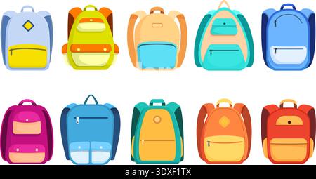 Zaini scolastici vuoti. Icone zaino per studenti, borse luminose per studiare all'asilo, all'asilo, all'università o all'università. Borse sportive sapid Vector Illustrazione Vettoriale