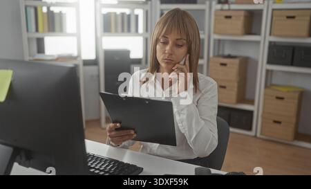 La donna tiene gli appunti, il telefono all'orecchio mentre legge i documenti alla scrivania dell'edificio vicino al monitor e ai file impilati; documenti sulla concentrazione. Foto Stock