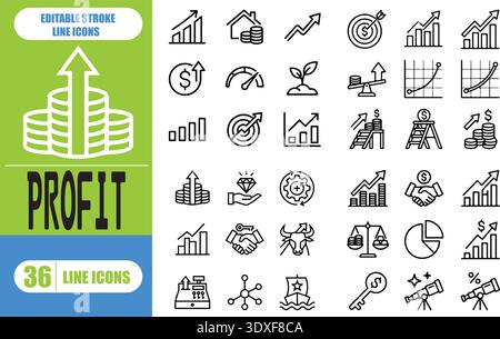 Set di icone profitto. Set di 36 icone di riga relative al profitto. Incluse icone come risparmio, denaro, finanza, crescita, investimenti, contante, reddito e altro ancora Illustrazione Vettoriale