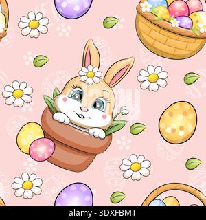 Motivo pasquale senza cuciture con simpatico coniglietto cartoni animati e cestino pieno di uova di Pasqua. Illustrazione vettoriale delle vacanze su sfondo rosa con fiori e foglie Illustrazione Vettoriale