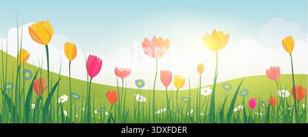 Sfondo naturale floreale con tulipani, margherite e fiori blu, perfetto per biglietti d'auguri pasquali, striscioni primaverili, inviti, promozioni stagionali Illustrazione Vettoriale