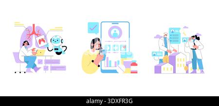 Illustrazione vettoriale che mostra diversi scenari sanitari con professionisti del settore medico e IA. Un medico con i polmoni, una donna che utilizza la salute digitale e la collaborazione evidenziano l'innovazione e la connessione umana. Illustrazione Vettoriale