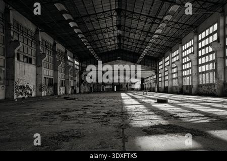 Spettacolare scatto grandangolare in bianco e nero di un vasto magazzino industriale abbandonato, con fasci di luce attraverso finestre e graffiti sulle pareti. Foto Stock