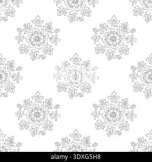 Arte floreale in linea con fiori, gemme e foglie. Illustrazione vettoriale. Elementi di piante ed erbe selvatiche e da giardino con motivo senza cuciture. Per p Illustrazione Vettoriale