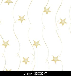 Acquerello dorato ondulato e strisce bianche con stelle dorate. Aspetto morbido e dipinto a mano. Ideale per avvolgere carta, motivi di tessuto, decorazioni per feste, o. Foto Stock