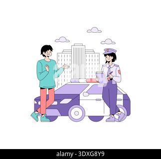 Illustrazione vettoriale di un agente di polizia che prende appunti mentre parla con una persona accanto a una pattuglia in un ambiente urbano. Entrambi gli individui sembrano rilassati e impegnati. Illustrazione Vettoriale