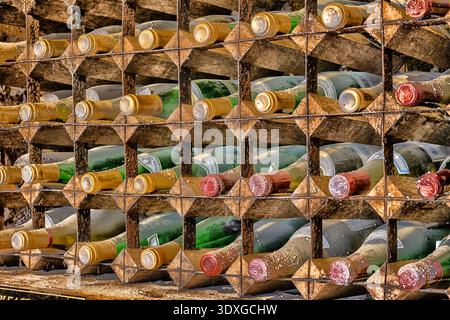 Raccolta di bottiglie di vino d'annata conservate in scaffali di legno per l'invecchiamento in una cantina. Foto Stock