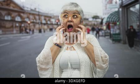 Donna che tocca le guance, sorride e guarda in alto mentre indossa gli occhiali in una strada trafficata; gioia meraviglia il calore. Foto Stock