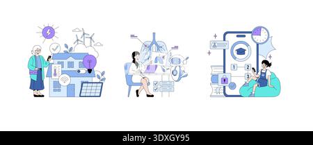 Illustrazione vettoriale che raffigura tre scene: Una donna che controlla dispositivi domestici intelligenti, una persona che interagisce con l'intelligenza artificiale nel settore sanitario e un'altra che si occupa di e-learning tramite tecnologia mobile. Illustrazione Vettoriale