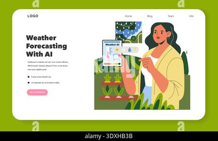 Illustrazione vettoriale che raffigura una donna che interagisce con un tablet che mostra previsioni meteo ai. L'interfaccia mostra varie icone meteo e dati in un'impostazione di giardino. Illustrazione Vettoriale