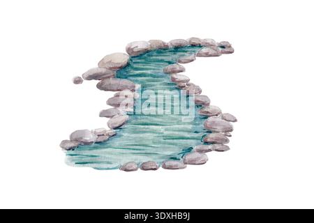 Ruscello del giardino ad acquerello con pietre lisce e acqua turchese isolata su bianco. Elemento di laghetto zen dipinto a mano perfetto per il paesaggio giapponese Foto Stock