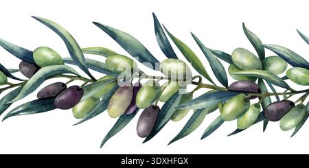 Bordo senza cuciture del ramo d'oliva dell'acquerello. Olive verdi e scure, vegetazione lussureggiante. Cibo sano, cucina mediterranea. Illustrazione isolata, schema per Foto Stock