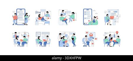Illustrazione vettoriale che raffigura varie persone che si occupano di comunicazione digitale tramite smartphone e computer, le loro espressioni mostrano il coinvolgimento e l'interazione comunemente presenti nelle impostazioni online Illustrazione Vettoriale