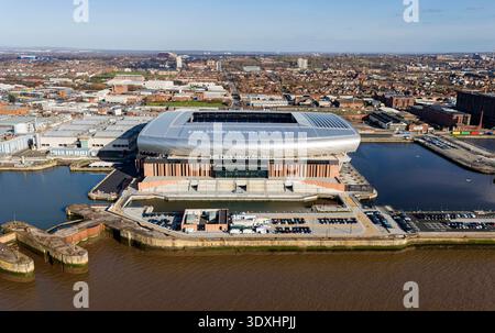 Liverpool, Regno Unito. 3 marzo 2026. Vista aerea e a terra all'esterno e sopra l'Hill Dickinson Stadium davanti alla partita Everton vs Burnley Premier League all'Hill Dickinson Stadium, Liverpool, Inghilterra il 3 marzo 2026 Credit: Every Second Media/Alamy Live News Foto Stock
