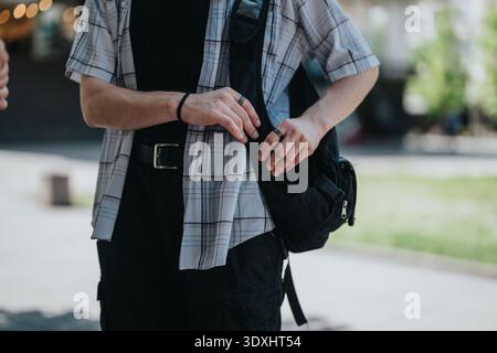 Look Street wear casual con camicia a quadri, borsa nera e accessori in un ambiente urbano all'aperto Foto Stock