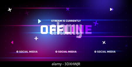 Streaming offline. Twitch in streaming su sfondo olografico al neon, streamer di gioco sovrapposizione trasmissione live layuot cornice video tecnologia digitale design cyberpunk viola illustrazione vettoriale grafica originale Illustrazione Vettoriale