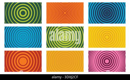 Set di nove sfondi colorati a mezzitoni con cerchio concentrico con motivi a linee radiali. Questi vivaci design sono caratterizzati da effetti ipnotici di ondulazione, ideali per Illustrazione Vettoriale