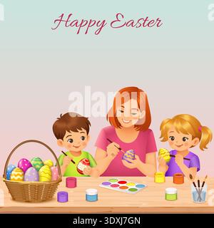 Illustrazione vettoriale della piazza di Pasqua con madre e bambini che dipingono uova a un tavolo con un cestino ornato, scena natalizia primaverile con spazio per le copie. Illustrazione Vettoriale