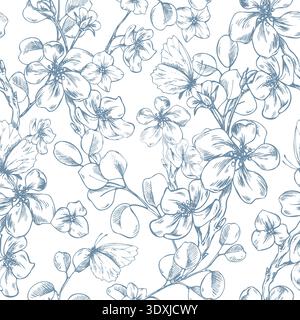 Rami con fiori di mele, farfalle, eucalipto e fiori. Illustrazione grafica disegnata a mano con grafica a linee d'inchiostro. Motivo floreale senza cuciture per Illustrazione Vettoriale
