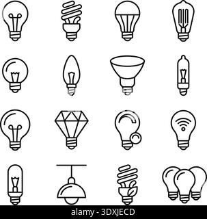 Una collezione completa di sedici icone minimaliste di lampadine che illustrano l'innovazione e l'efficienza energetica. Presenta diversi stili, come il vintage Illustrazione Vettoriale