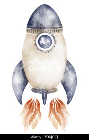 Illustrazione razzo spaziale pittura ad acquerello dipinta a mano isolata su sfondo bianco. Simpatico video art della navicella spaziale cartoni animati con fiamma a getto, volo. Perfe Foto Stock