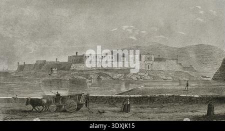 Kalkara, Malta. Forte Ricasoli. Forte fortificato costruito per ordine di San Giovanni tra il 1670 e il 1698. Occupa un promontorio noto come Gallows' Point sulla riva nord della Rinella Bay, proteggendo l'ingresso al Grand Harbour. Vista panoramica. Incisione. LeMaitre direxit. Storia di Malta e Gozo, di Frederic Lacroix. Panorama Universal, edizione spagnola, stampato a Barcellona, 1850. Foto Stock