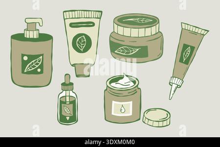 Set di bottiglie e provette cosmetiche naturali e organiche per la cura della pelle. Doodle isolato disegnato a mano in verde salvia e crema. Illustrazione vettoriale Illustrazione Vettoriale