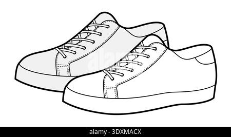Scarpa da sneaker basse con disegno. Scarpe casual da strada per un look da città di tutti i giorni, stile giovanile per uomo donna unisex. Illustrazione tecnica della moda, mockup CAD, stile urbano isolato vettoriale dettagliato. Illustrazione Vettoriale