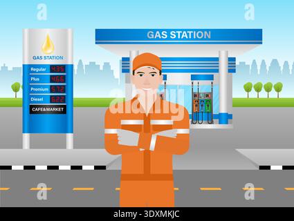 Lavoratore in uniforme che lavora presso la stazione di servizio. Illustrazione vettoriale. Illustrazione Vettoriale