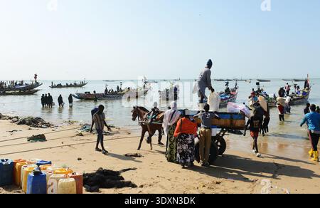 Un affollato mercato del pesce costiero con venditori ambulanti che vendono pesce fresco su una spiaggia di sabbia soleggiata a M'bour, Senegal. Foto Stock