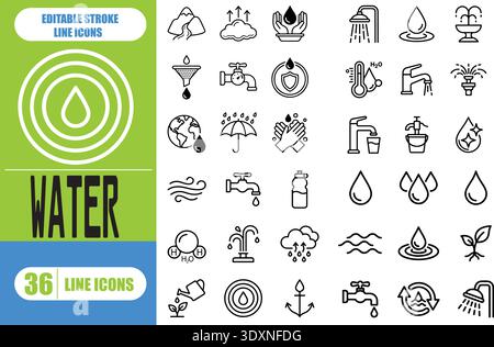 set di icone. trattamento delle acque, risparmio di acqua, bottiglia d'acqua e molto altro ancora. stile icona linea. illustrazione degli elementi essenziali Illustrazione Vettoriale
