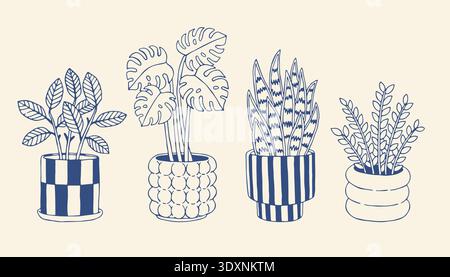 Piante da interno trafilate a mano in vasi decorativi in ceramica dallo stile minimalista della linea blu. Set vettoriale di piante d'casa alla moda, perfetto per il design dell'arredamento della casa Illustrazione Vettoriale