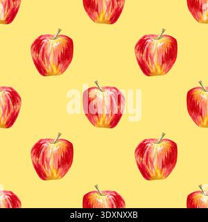 disegno a mano senza cuciture di una succosa mela rosso-gialla su sfondo giallo Foto Stock