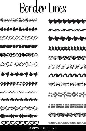 Linee di bordo disegnate a mano Divisori decorativi Set di disegni a doodle Collection illustrazione vettoriale Nero bianco Illustrazione Vettoriale
