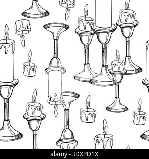 candele a combustione vettoriale in antico candelabro con fuoco, motivo senza cuciture, illustrazione in bianco e nero di celebrazione, tema mistico, magico, per un ambiente accogliente Illustrazione Vettoriale