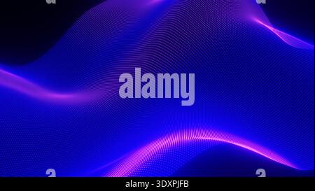 Sfondo astratto fluido con onde di particelle luminose viola e blu, arte digitale generata in 3D. Foto Stock