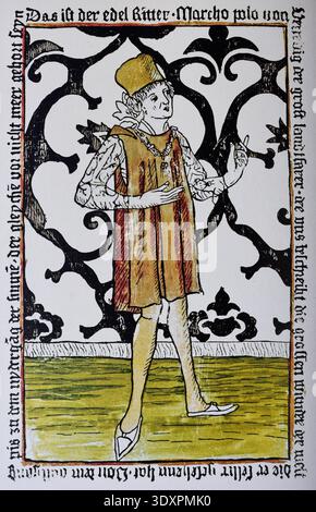 Ritratto dell'esploratore veneziano Marco Polo, 1477, frontespizio della prima edizione del Libro delle meraviglie, Norimberga. Foto Stock
