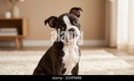 Un cucciolo di Boston Terrier estremamente carino è raffigurato in un ritratto ravvicinato, seduto su un tappeto di peluche di colore chiaro all'interno di una stanza. Il cucciolo ha un'anima grande Foto Stock