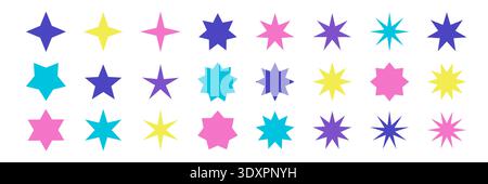 Collezione astratta di stelle luminose. Forme geometriche primitive in stile svizzero o Bauhaus. Pacchetto Brutalist Elements per poster, banner e collage. Grande fascio di segni vettoriali. Illustrazione Vettoriale